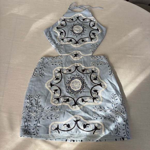 Mango Embroidered Halter Linen Blend Cutout Mini Dress Blue 6 - Picture 3 of 11